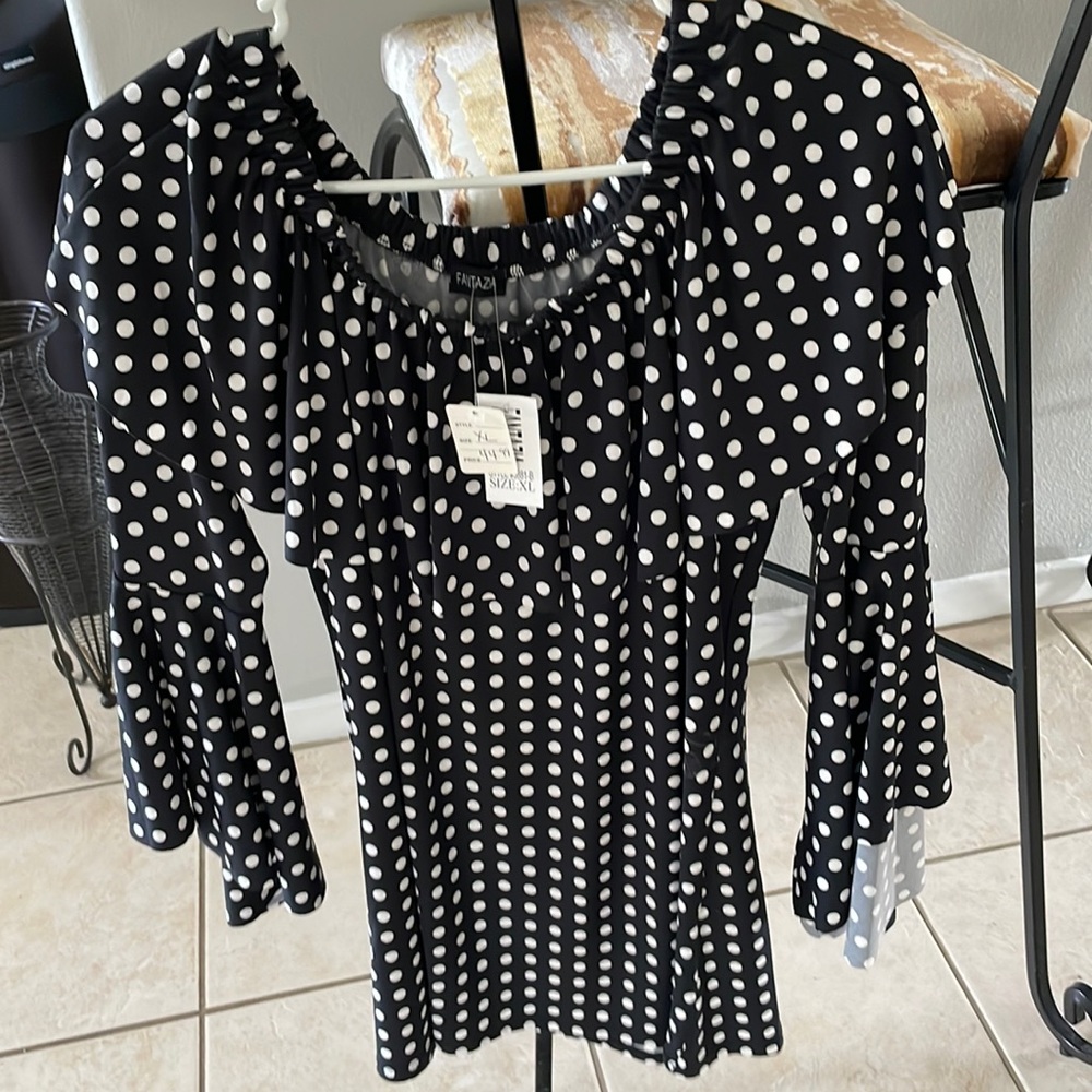 NEW! Silky, black and white polka dot blouse! Adorable!